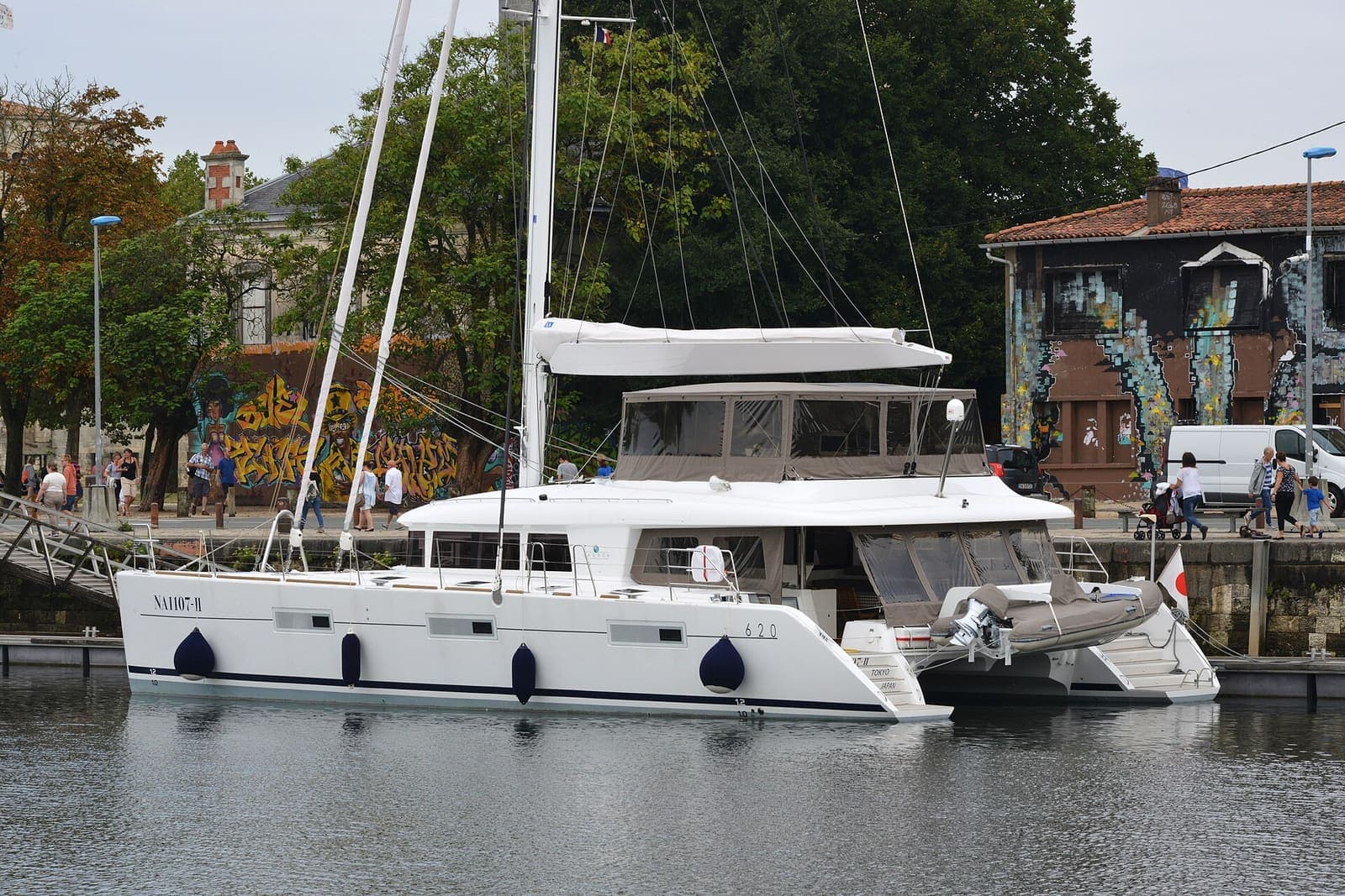 Lagoon cruising catamaran moored in a harbour