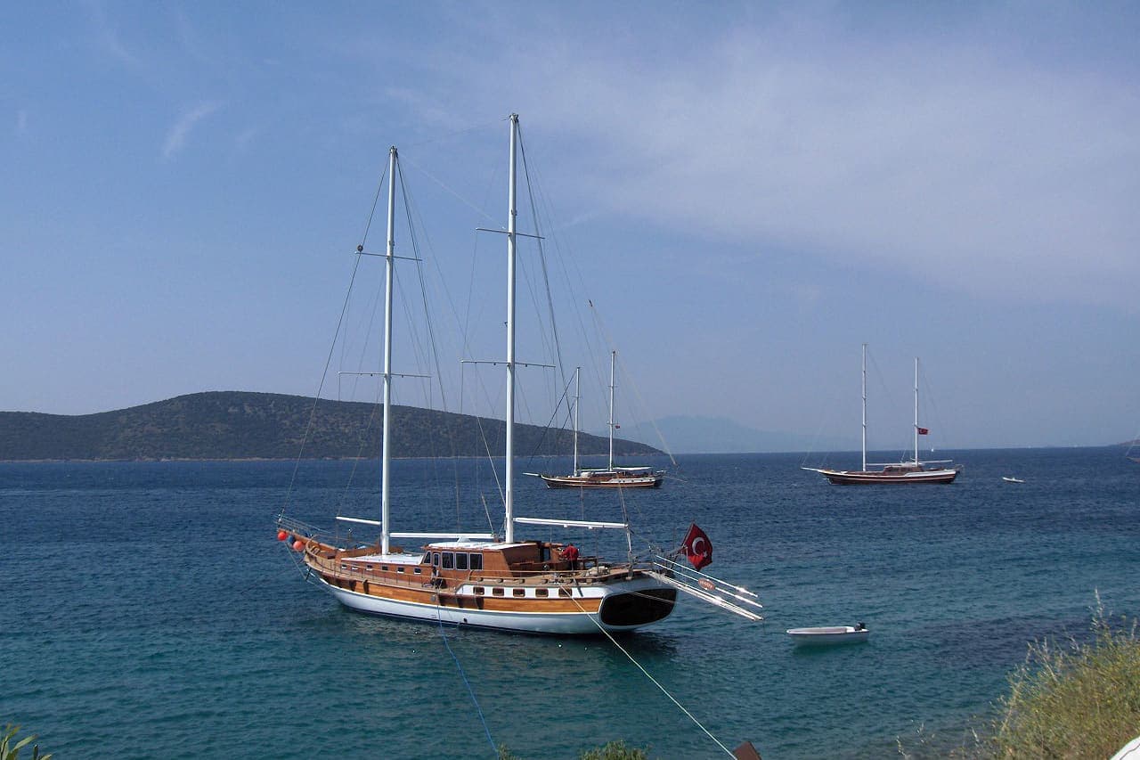 Mavi Yol — Two-masted wooden gulet anchored off Bodrum, Turkey