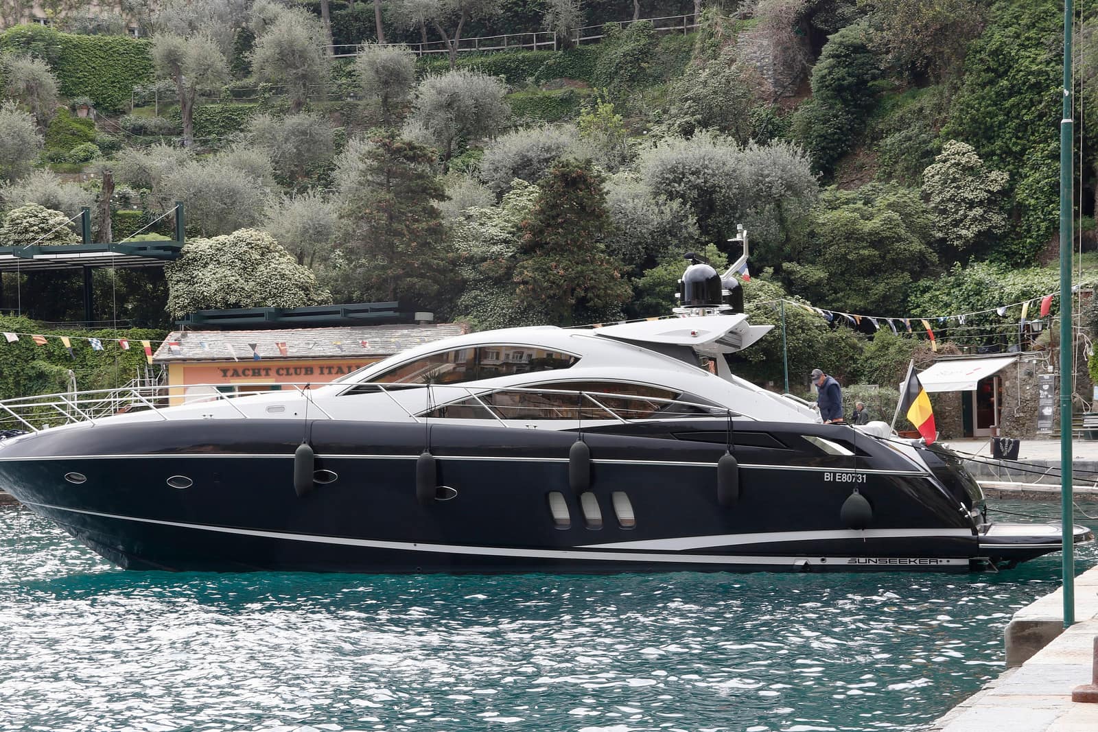 Galini — Sunseeker 105 motor yacht moored in a Mediterranean harbour