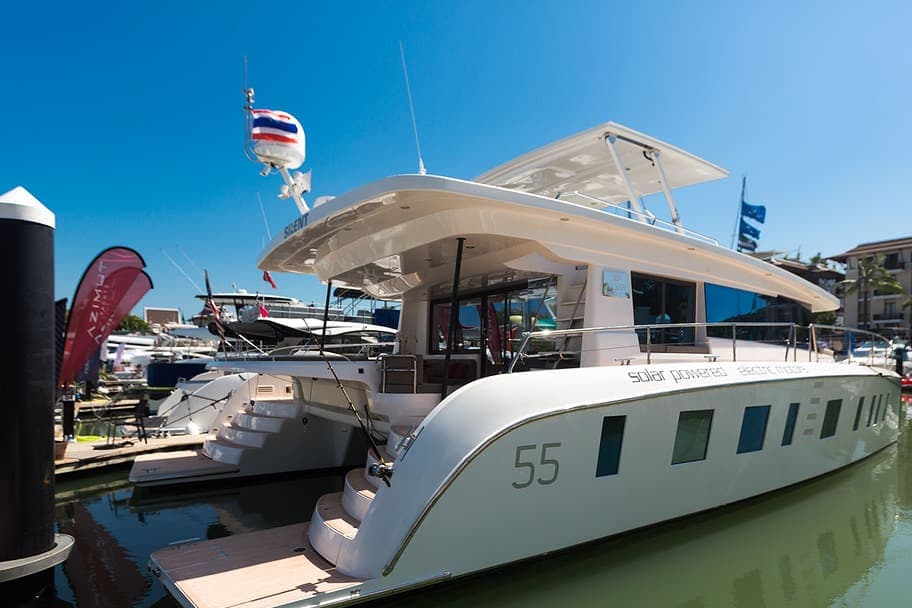 Fairy Tern — Silent 55 solar-electric power catamaran in a marina